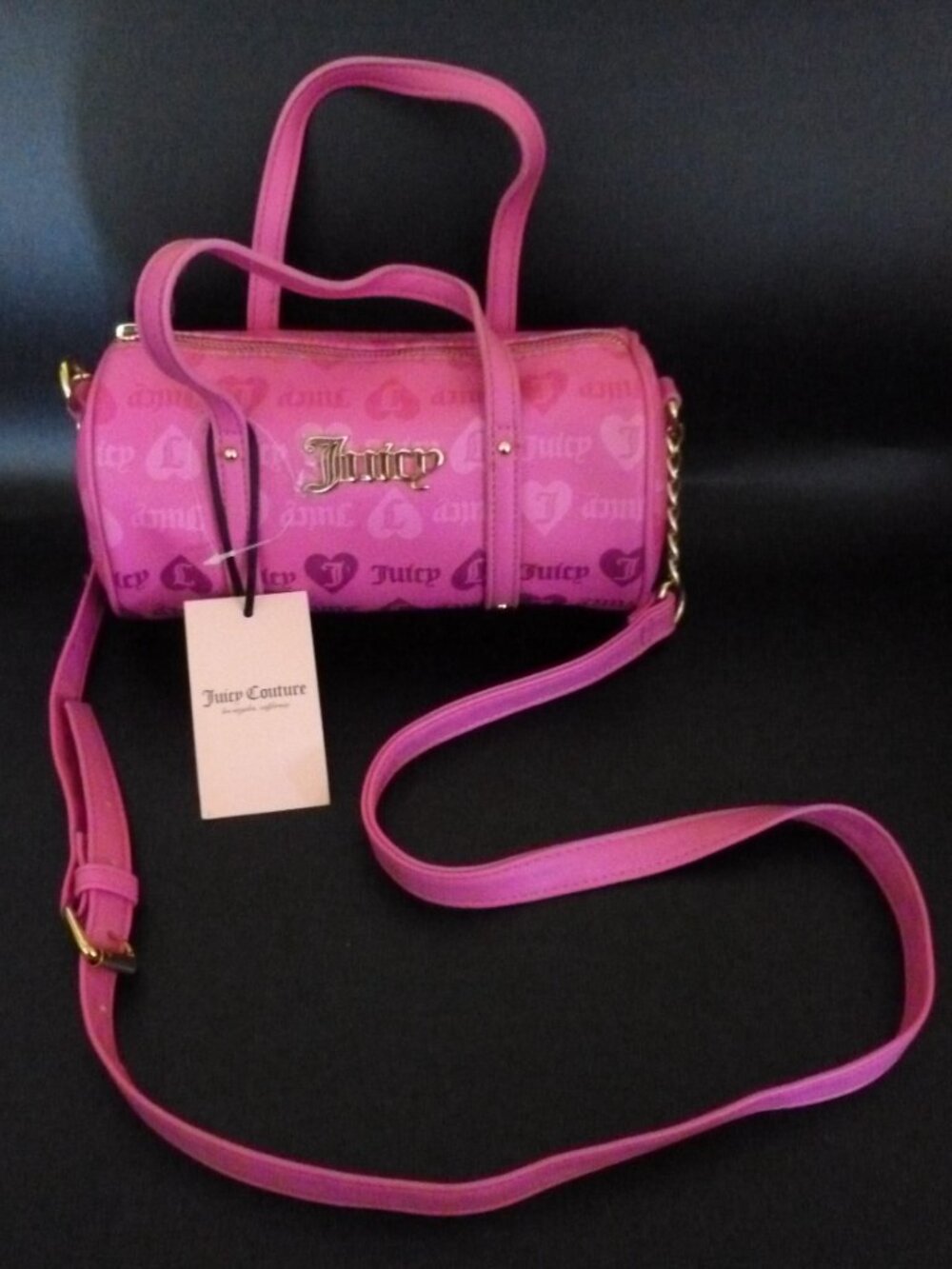 JUICY COUTURE Crossbody Bag Mini Barrel Pink with Hearts ~New With Imperfections